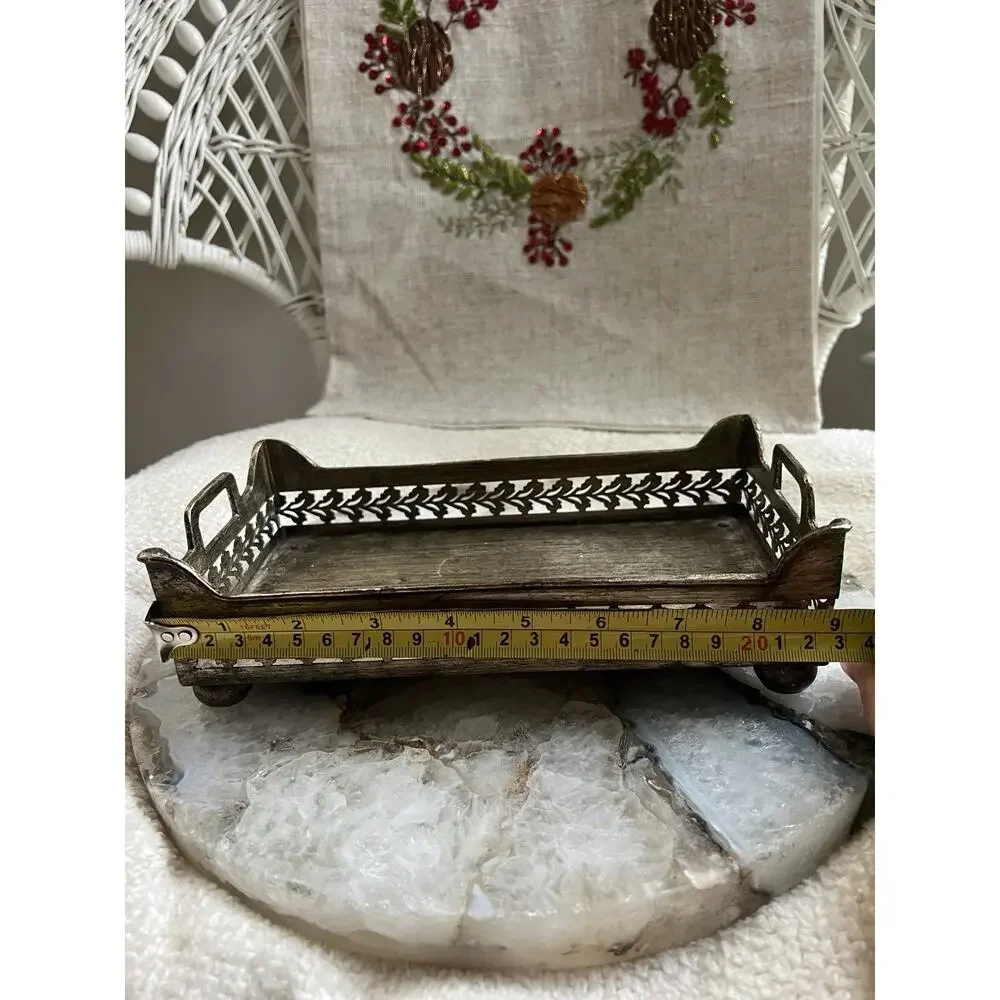 Vintage Antique Pewter Finish Decorative Vanity Serving Tray Pierced Gallery 9x5